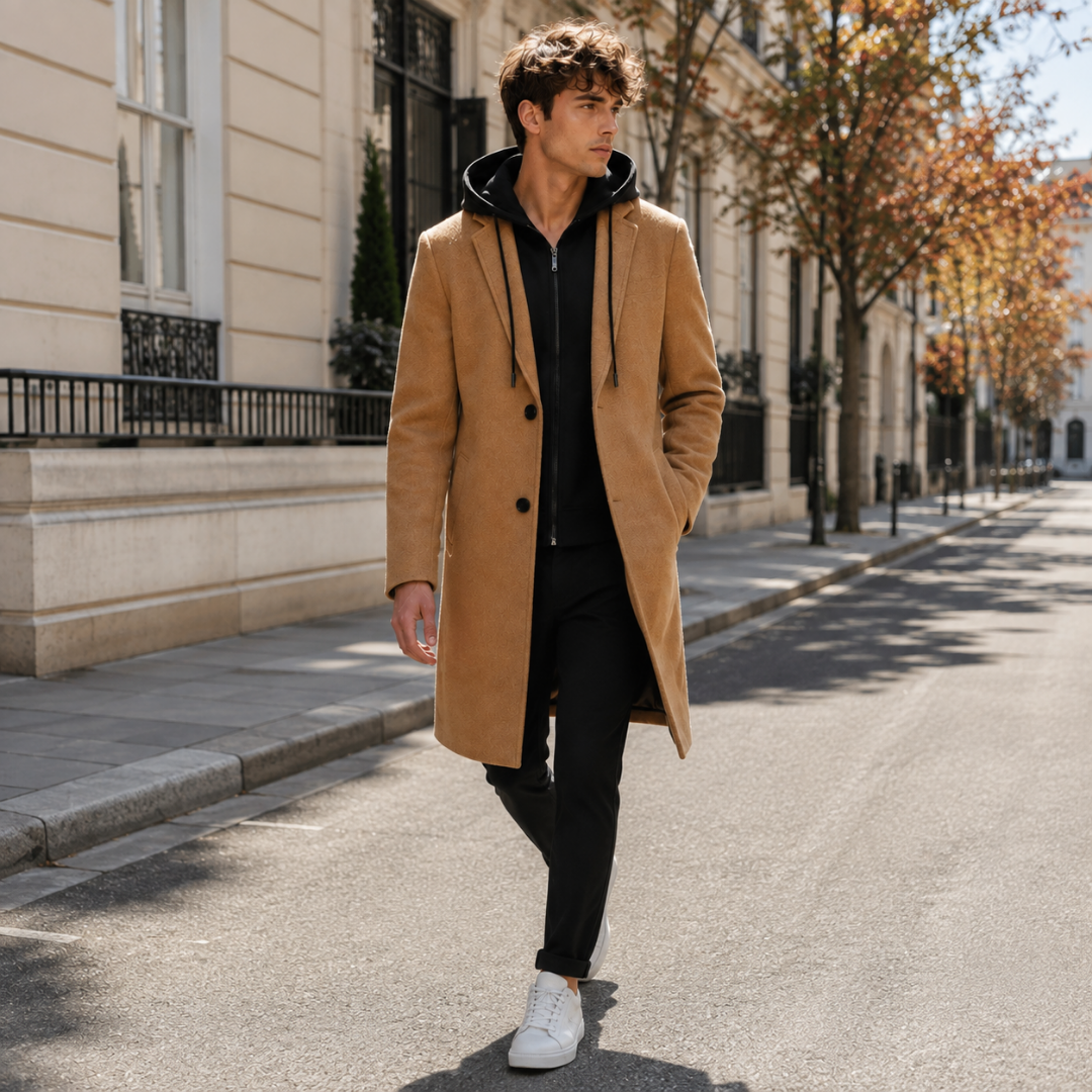 Manteau homme camel porté ouvert, col cranté et manches longues, en ville