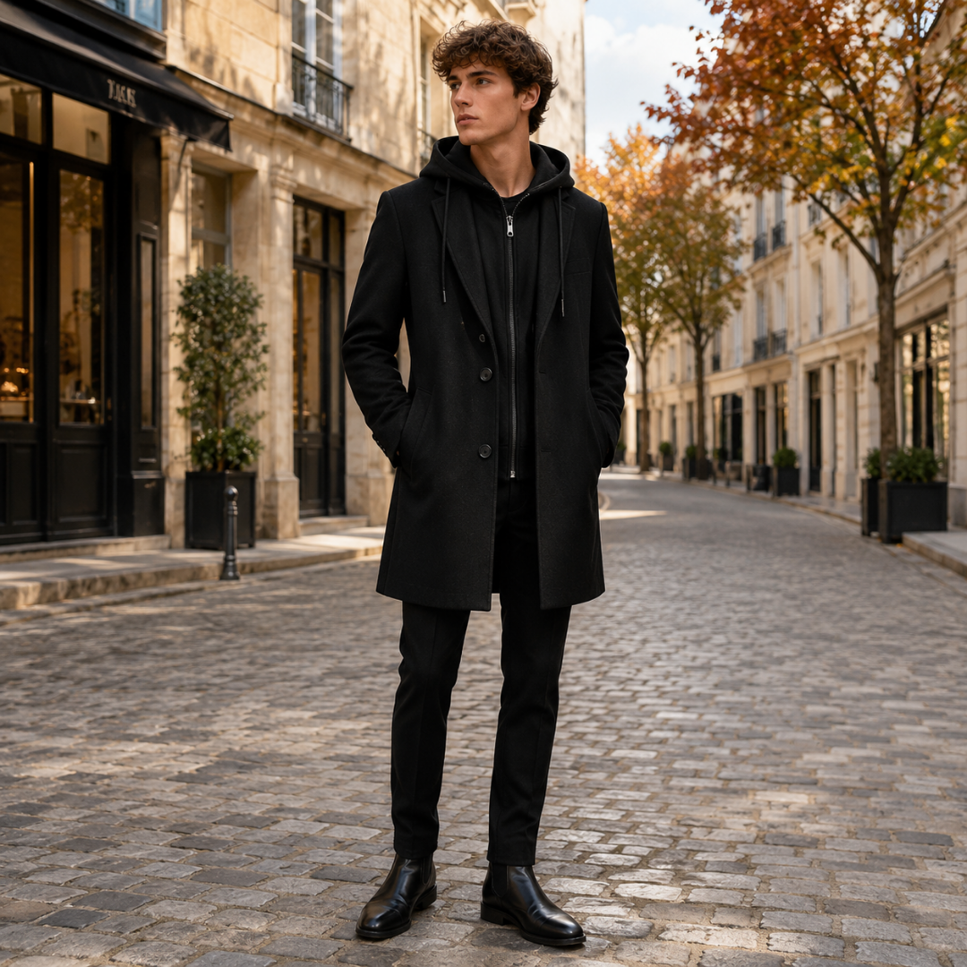 Manteau homme long noir à col cranté et boutonnage simple sur pavés parisiens