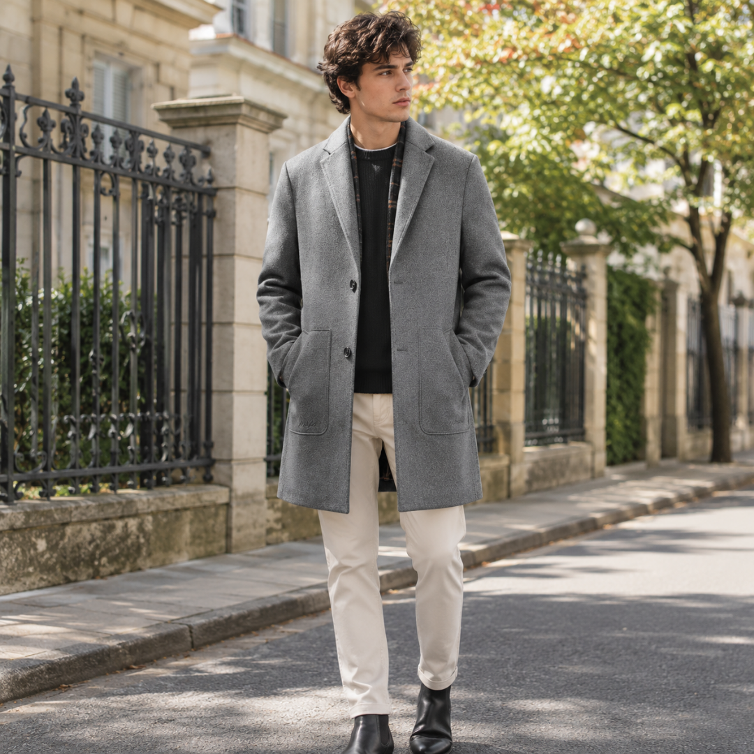 Manteau homme mi-long gris boutonné, col cranté et deux grandes poches plaquées