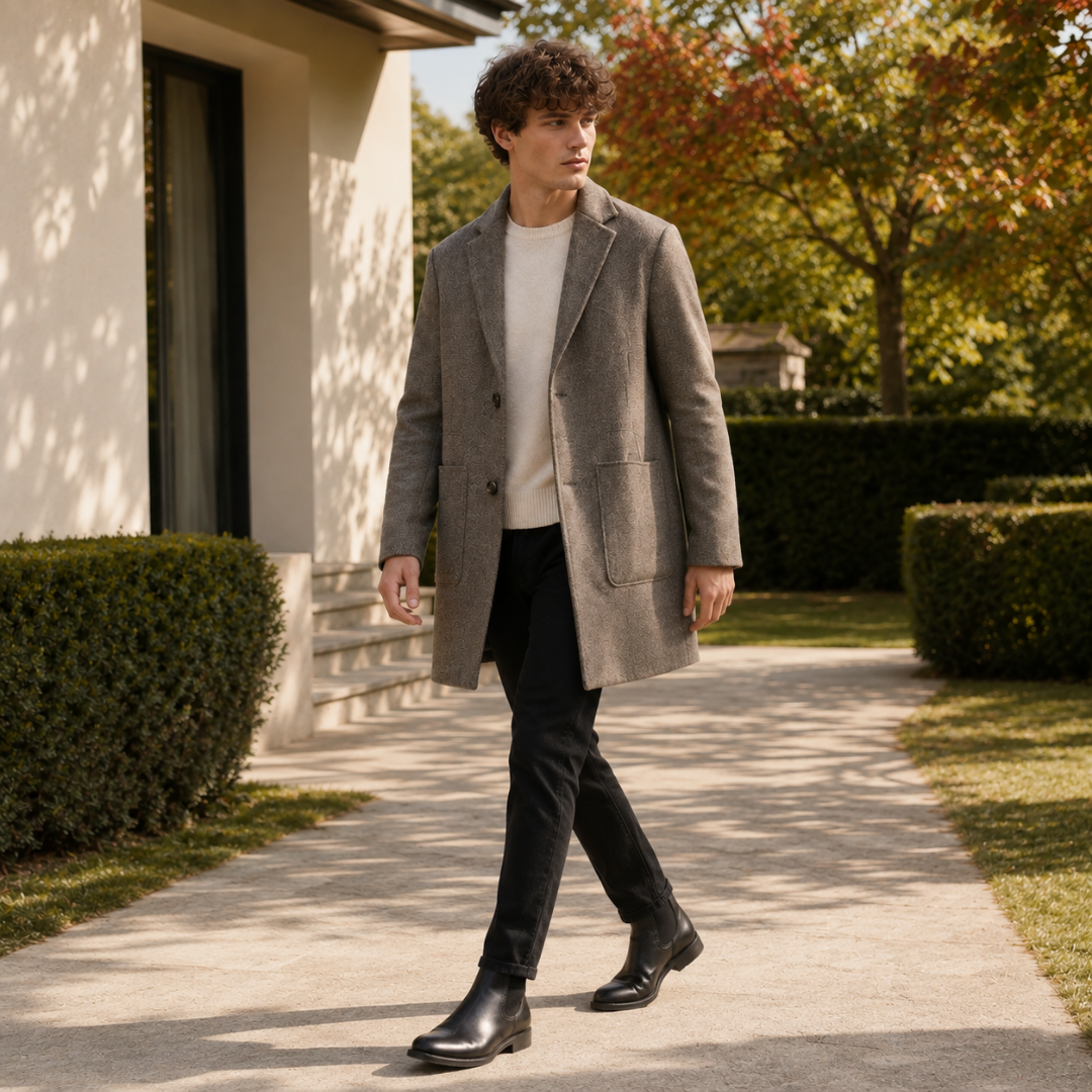 Manteau homme mi-long kaki à col cranté, porté ouvert sur un pull clair