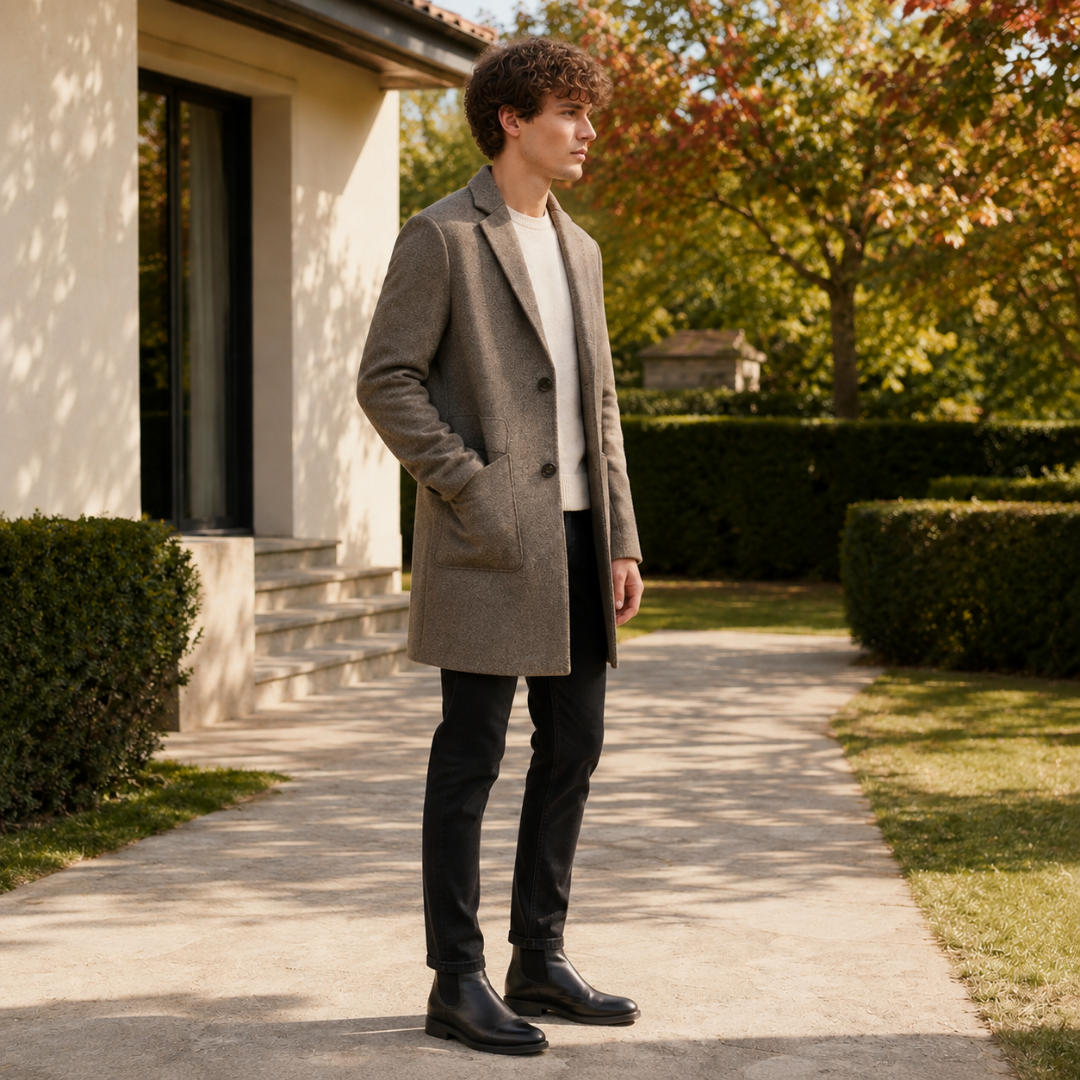 Manteau mi-long kaki boutonné de profil, poches plaquées et col cranté visibles