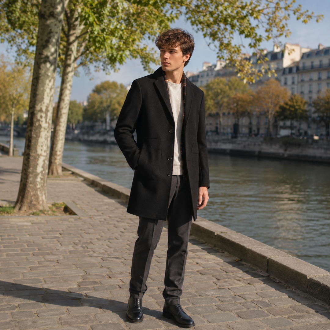 Manteau homme mi-long noir à col cranté, porté boutonné avec un pull clair