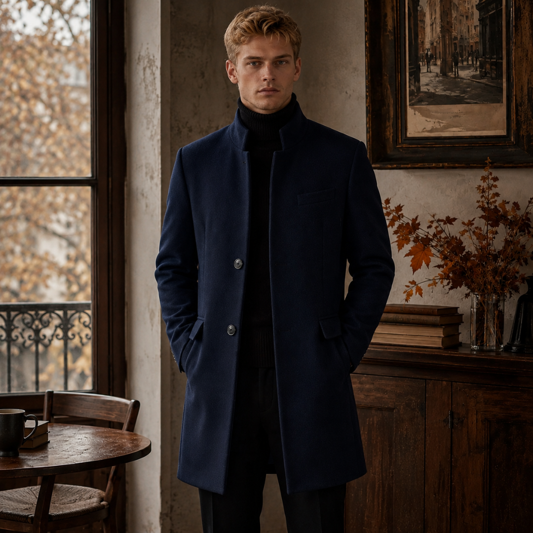 Manteau homme mi-long bleu marine à col montant et deux boutons apparents, vue de face