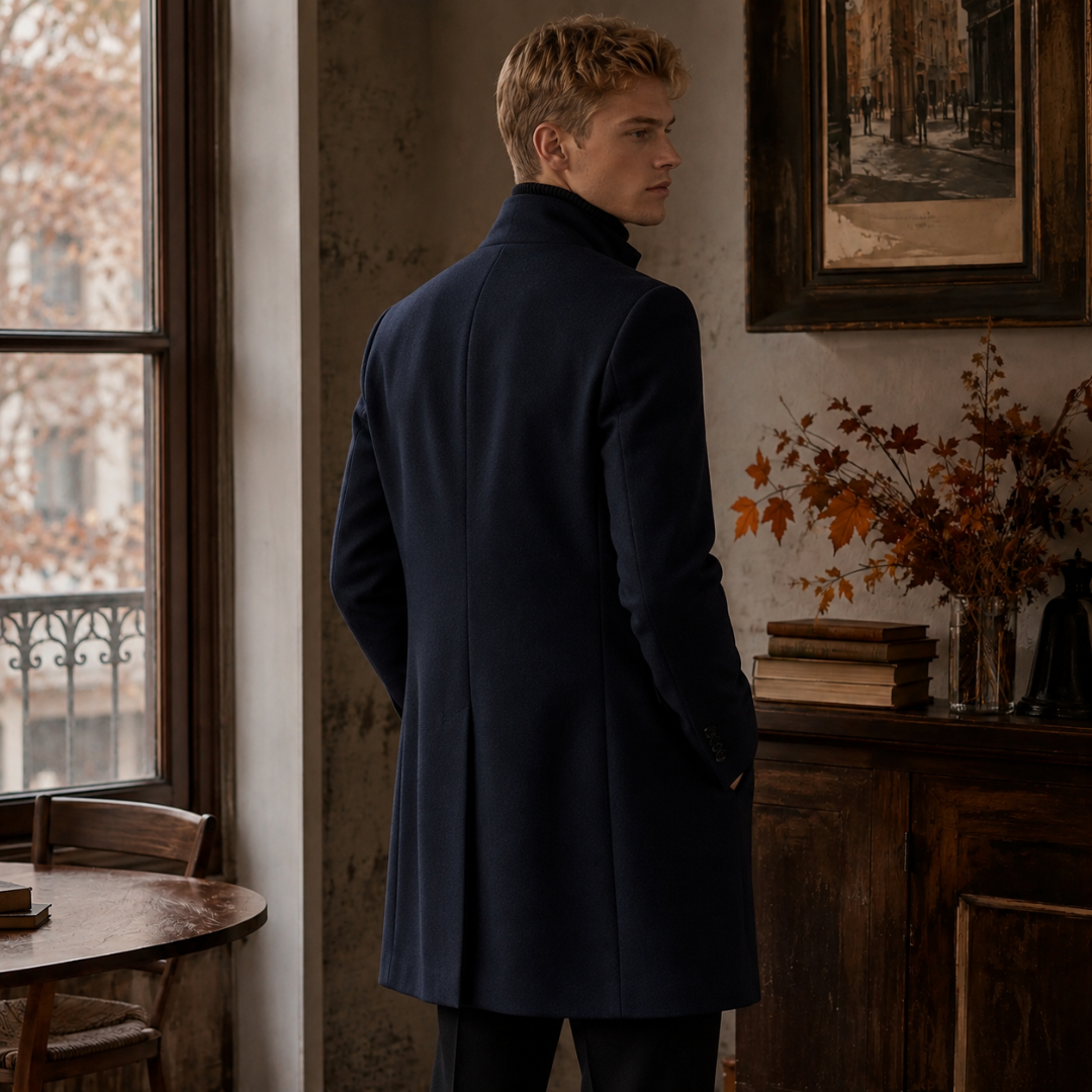 Dos du manteau homme bleu marine avec couture centrale et col montant relevé