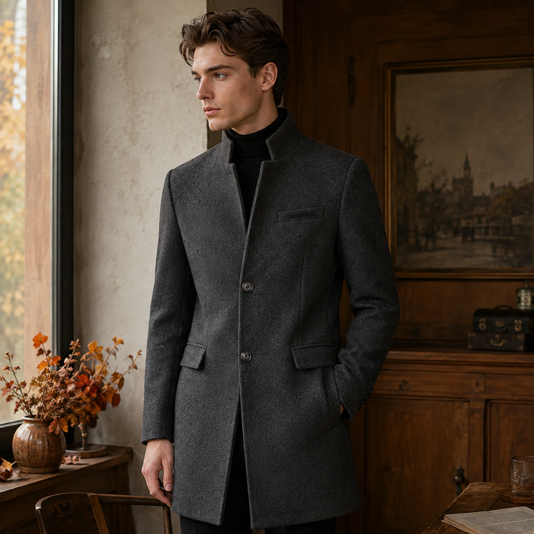 Manteau homme gris foncé mi-long boutonné, col montant et poches à rabat sur les hanches