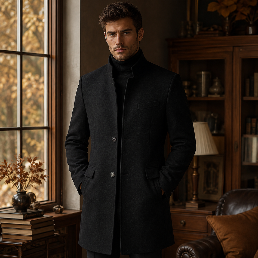 Manteau homme noir mi-long à col montant, deux boutons et poche passepoilée à la poitrine