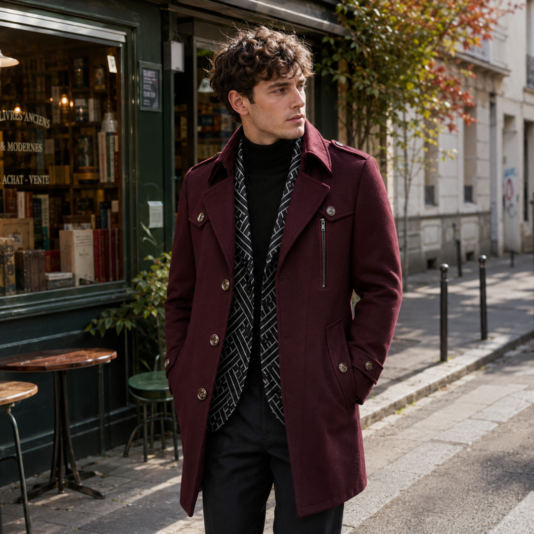 Manteau homme bordeaux à boutonnage droit, col pointu et poche zippée poitrine