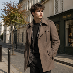 Manteau homme marron clair chiné avec pattes d'épaule et poches à rabat boutonnées
