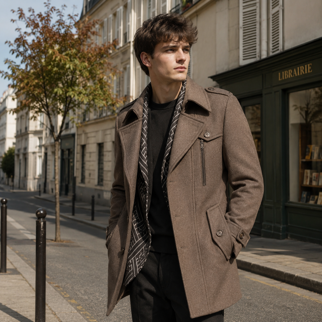 Manteau homme marron clair chiné avec pattes d'épaule et poches à rabat boutonnées