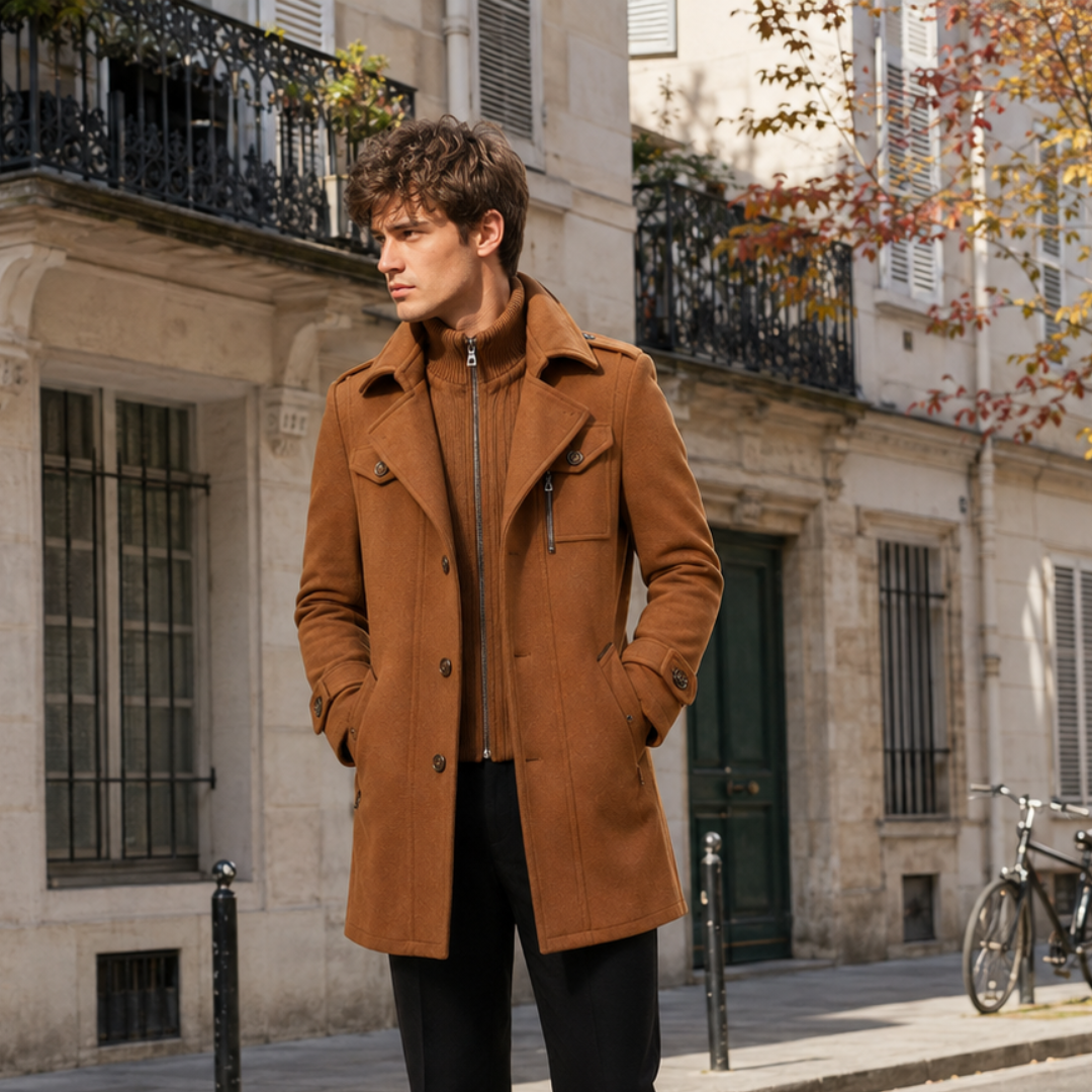 Manteau homme camel porté ouvert, pattes boutonnées aux poignets, rue parisienne