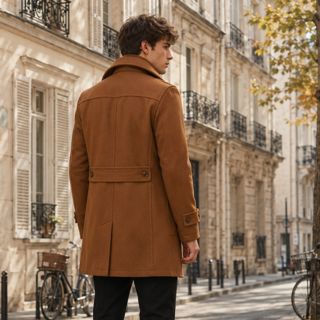 Dos du manteau homme camel mi-long avec patte boutonnée à la taille