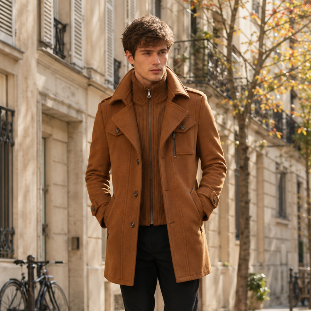 Manteau homme camel avec poche zippée sur le devant et col montant
