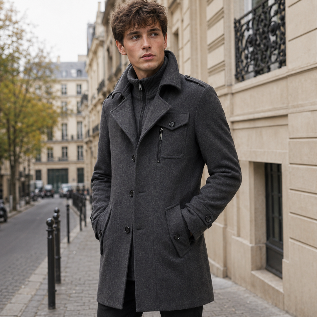 Manteau homme mi-long gris foncé porté ouvert avec col montant et poche zippée