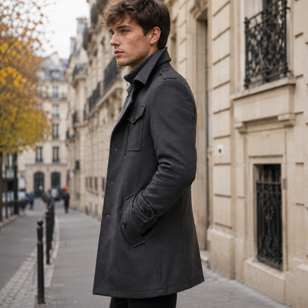 Vue de profil du manteau homme gris foncé mi-long à col montant relevé