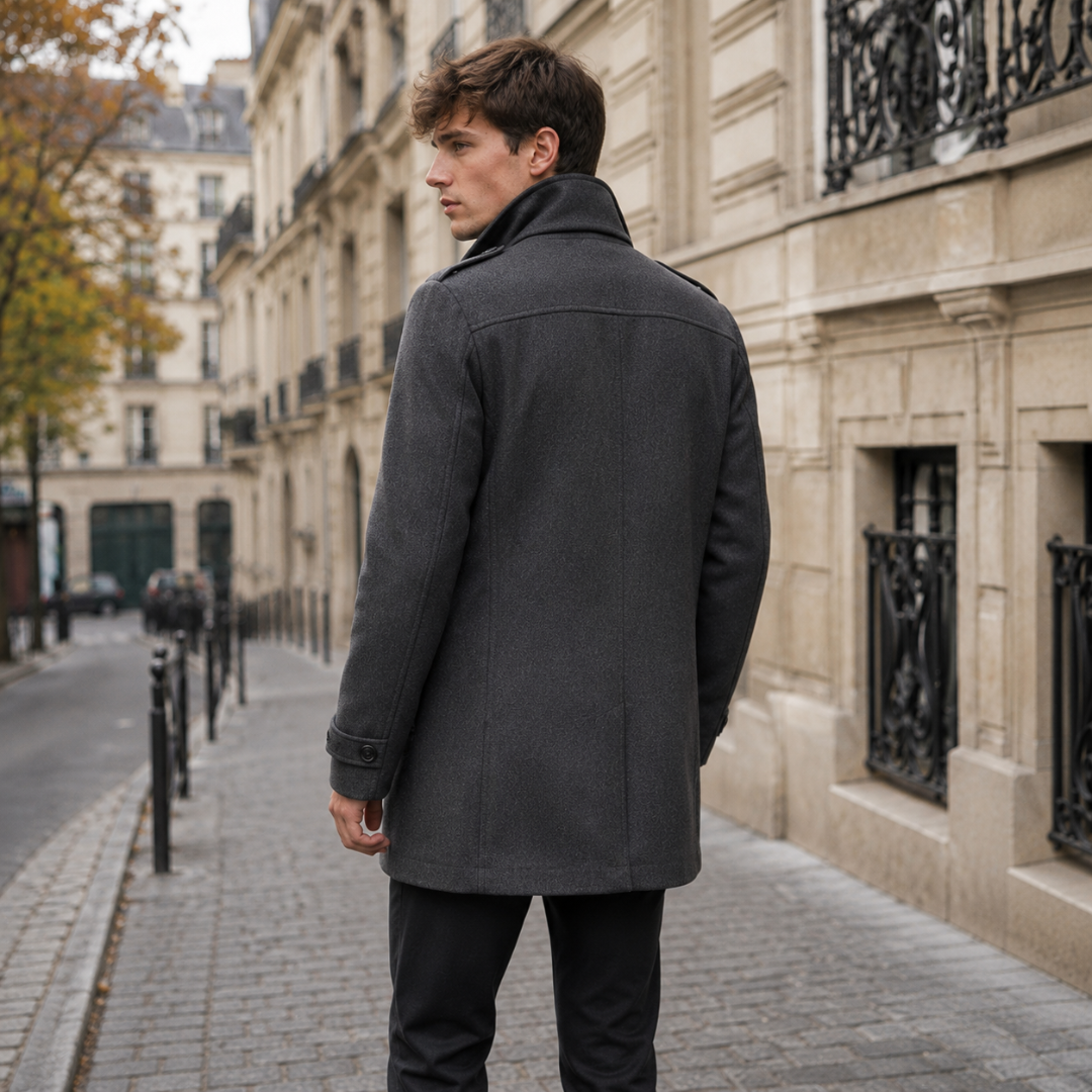 Dos du manteau homme gris foncé avec patte boutonnée et fente centrale