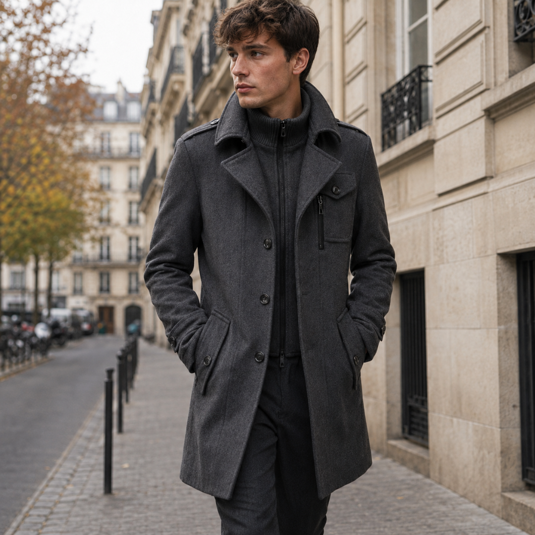 Manteau homme gris foncé porté ouvert avec poches à rabat et épaulettes en ville