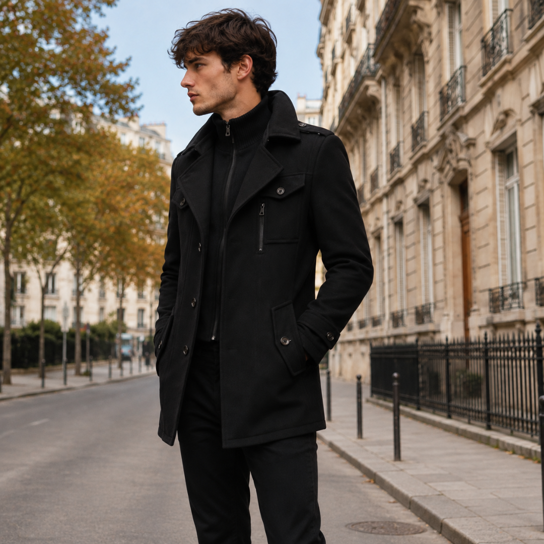 Manteau homme noir porté ouvert sur un pull à col zippé, col montant