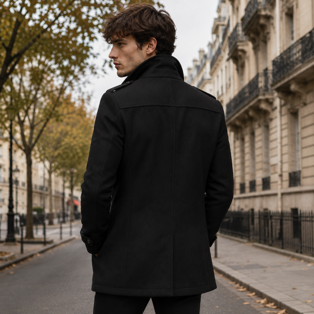 Dos du manteau homme noir mi-long avec épaulettes et couture centrale