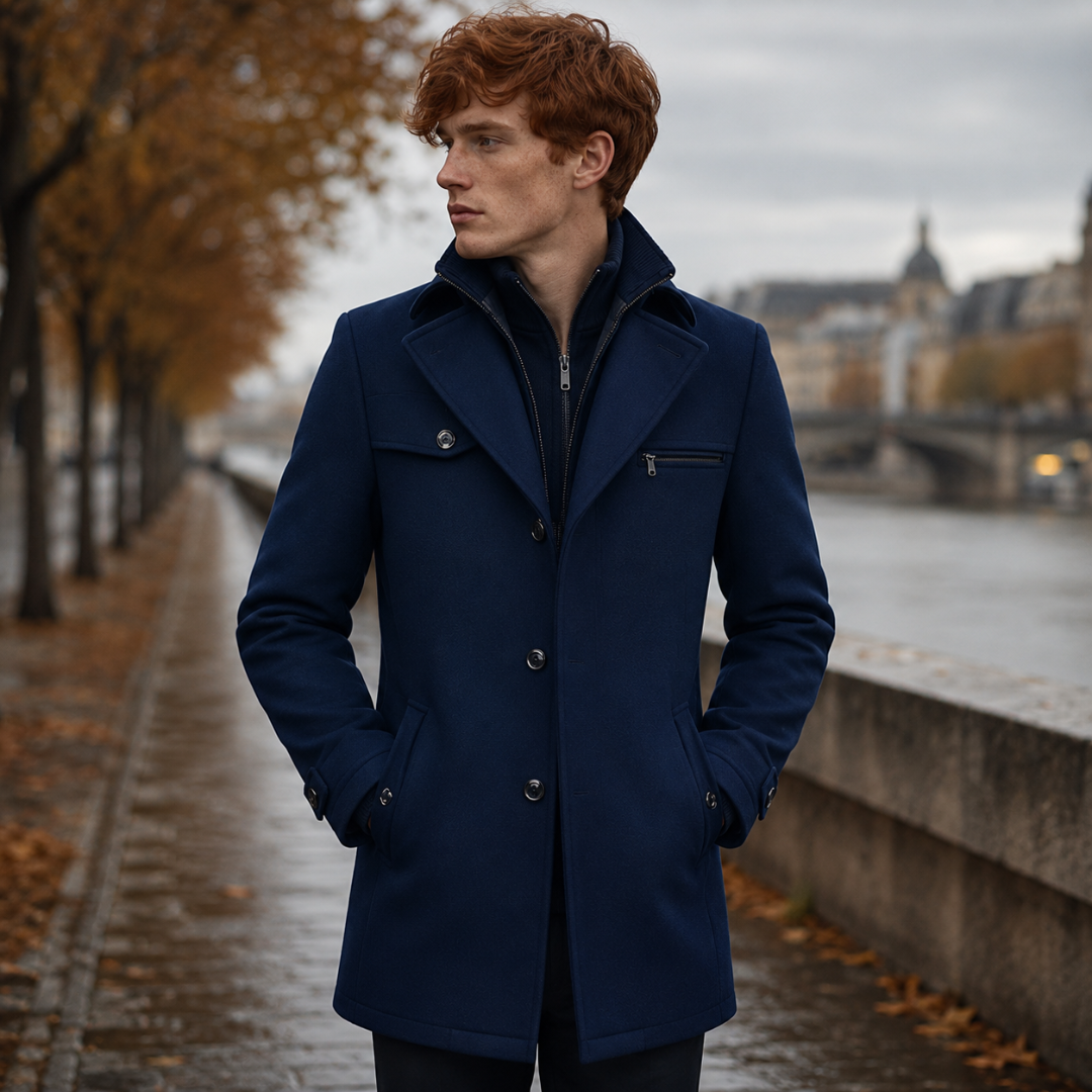 Manteau homme bleu marine mi-long à boutonnage droit et poche zippée poitrine
