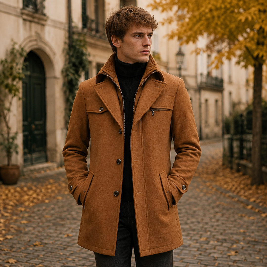 Manteau homme kaki clair boutonné avec col montant zippé et poches latérales