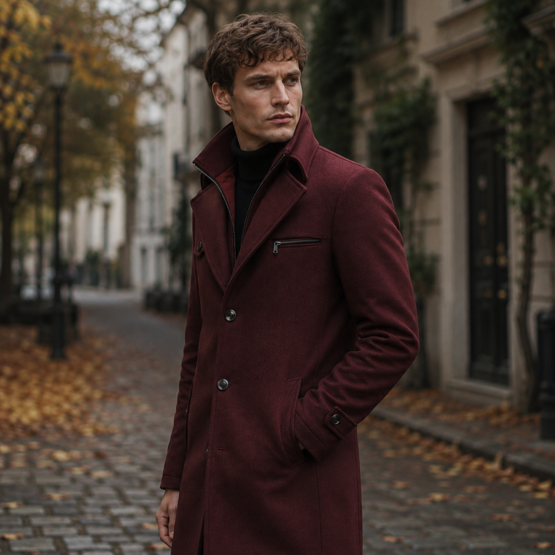 Manteau rouge homme porté col relevé avec poche zippée à la poitrine