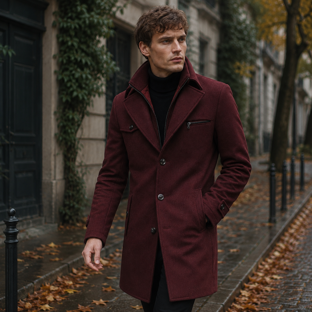 Manteau homme rouge mi-long ouvert sur un col roulé noir en ville
