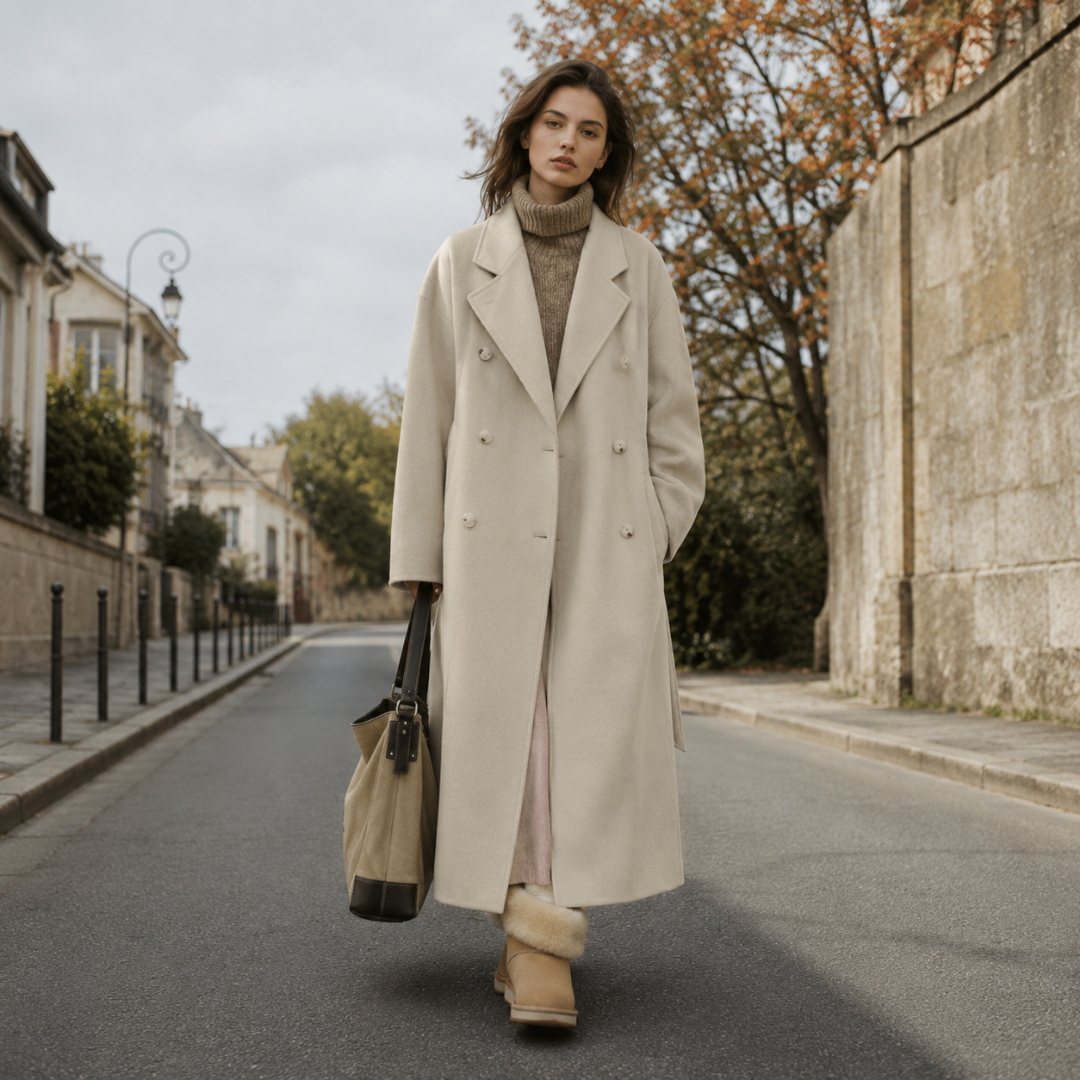 Manteau long femme beige à boutonnage croisé et col cranté, porté en ville