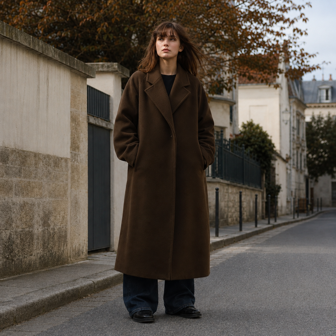 Manteau long femme marron à col cranté, porté fermé sur un pantalon large