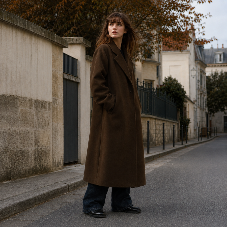 Manteau long marron de trois quarts, boutonnage croisé et poches sur les côtés