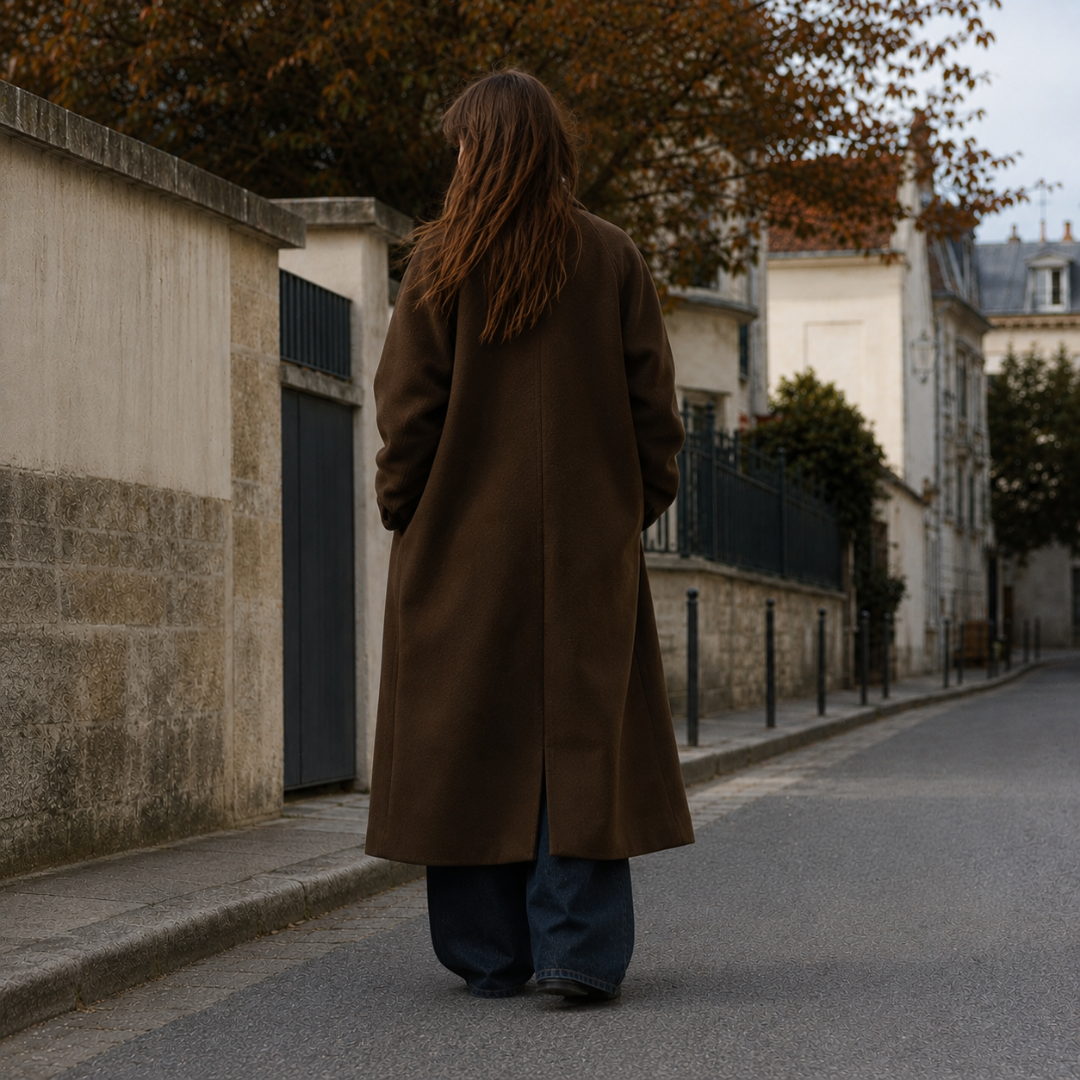 Dos du manteau long femme marron avec fente centrale et longueur chevilles
