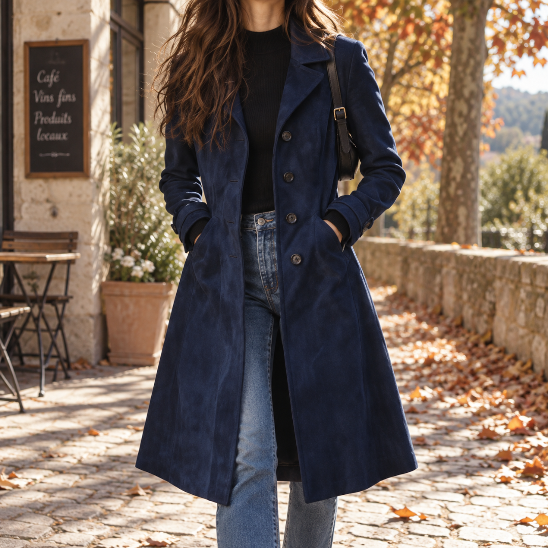Manteau long femme bleu marine à col cranté, boutons devant et poches latérales