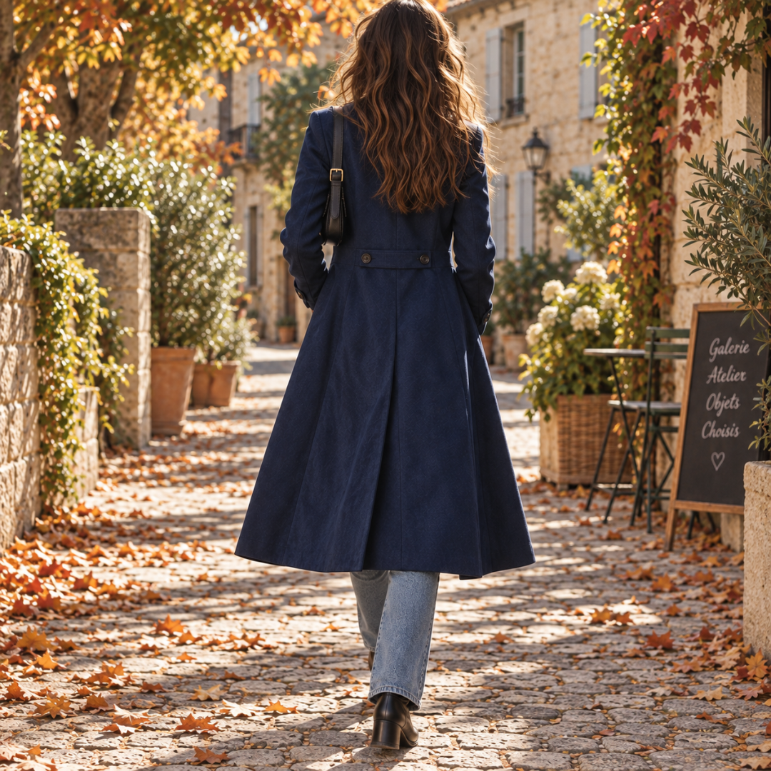 Dos du manteau long bleu marine avec patte boutonnée et jupe évasée