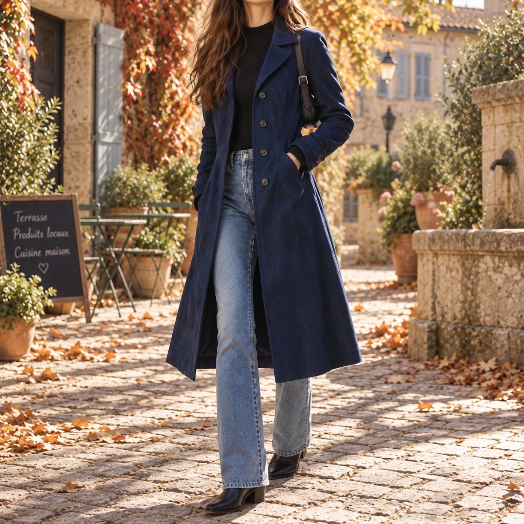 Manteau long bleu marine ouvert porté avec un pantalon droit et des bottines noires
