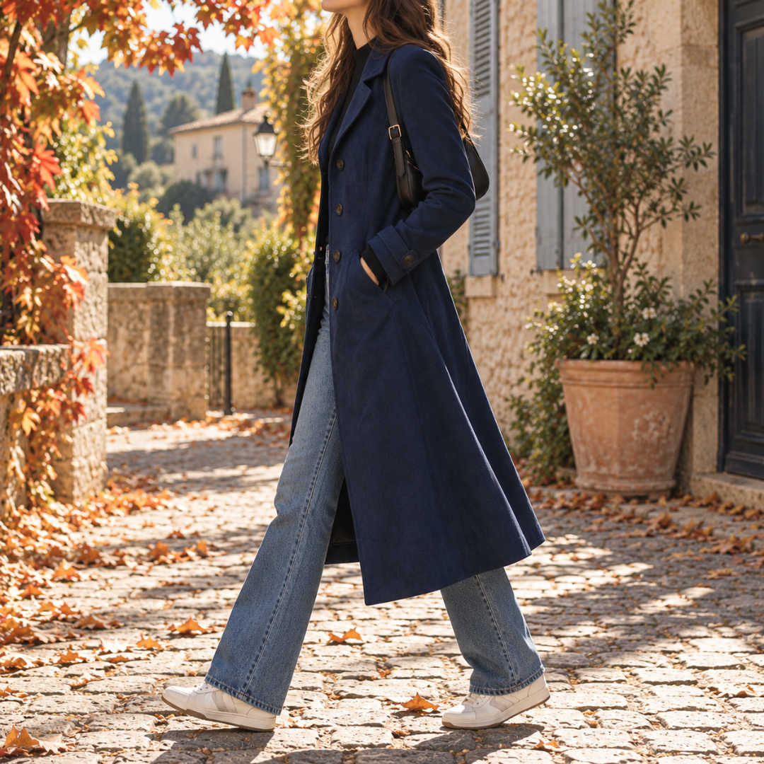 Profil du manteau long bleu marine, pattes boutonnées aux poignets et col cranté