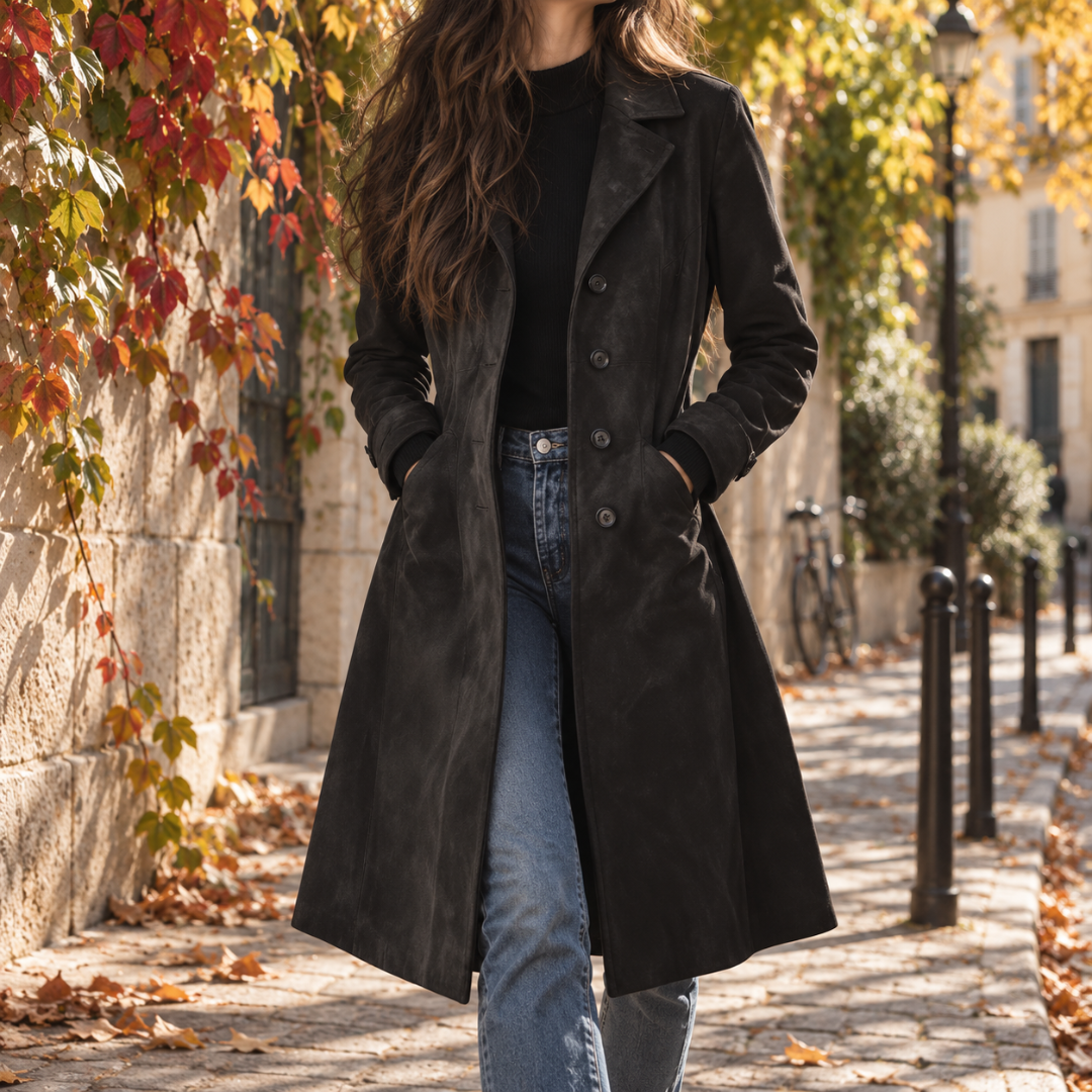 Manteau long femme gris foncé boutonné devant, coupe évasée vers le bas