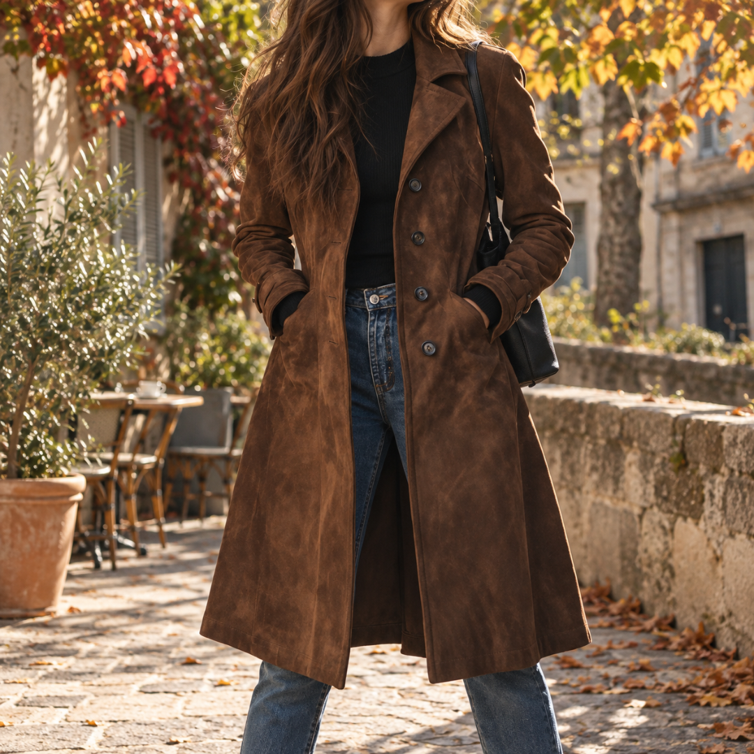 Manteau long femme marron effet daim à revers crantés et poches latérales