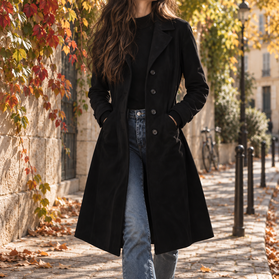 Manteau long femme noir à col cranté et boutonnage simple porté ouvert en ville