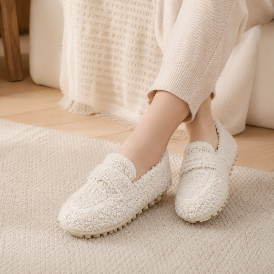 Mocassins femme blancs à l'aspect bouclé portés pieds nus sur un tapis clair