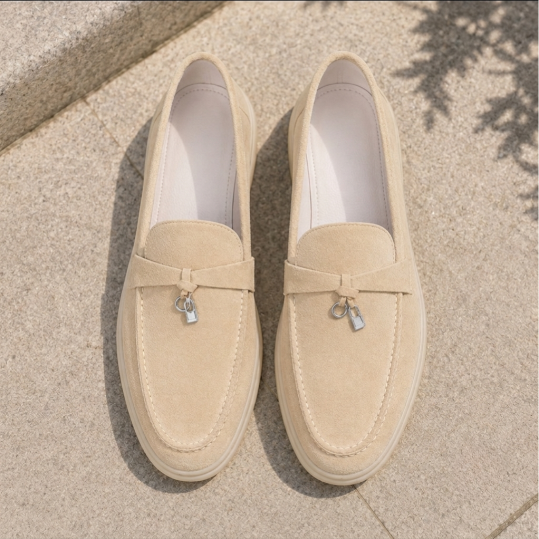 Mocassins suède beige bout rond, vue de trois quarts