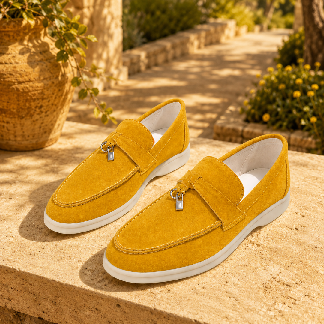 Mocassins suède jaune moutarde bout rond, portés en extérieur