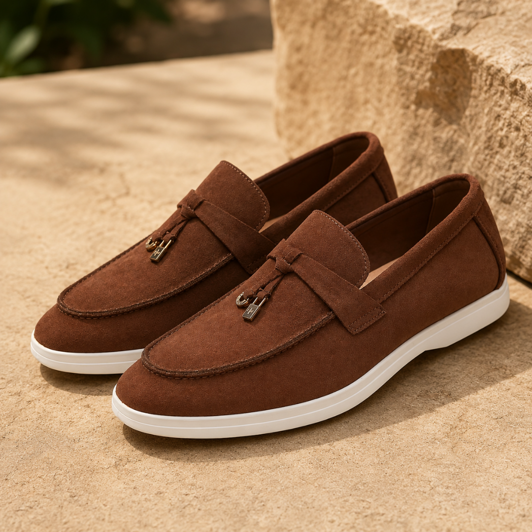 Mocassins homme marron foncé à enfiler, surpiqûres apparentes et semelle blanche
