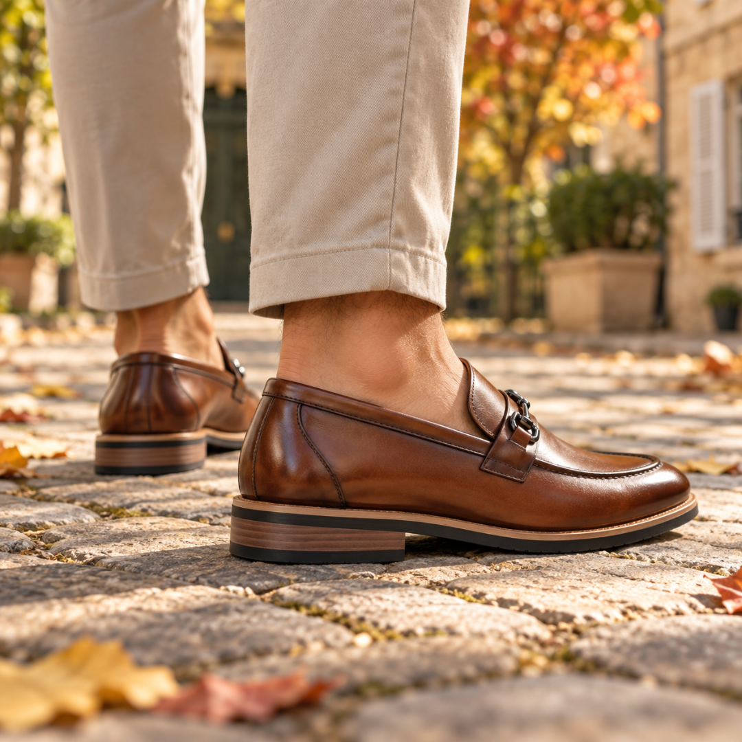 Mocassins marron vus de trois quarts arrière, talon bas et surpiqûres apparentes