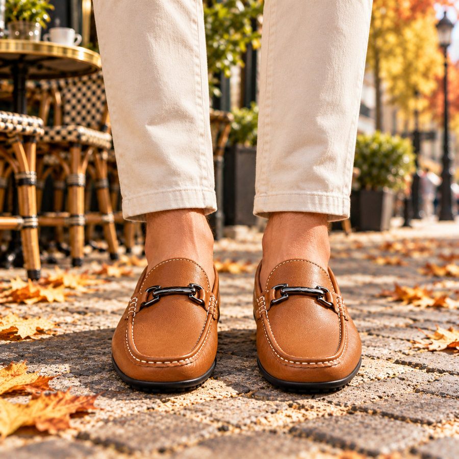 Mocassins homme caramel à mors métallique portés avec un pantalon beige, vus de face