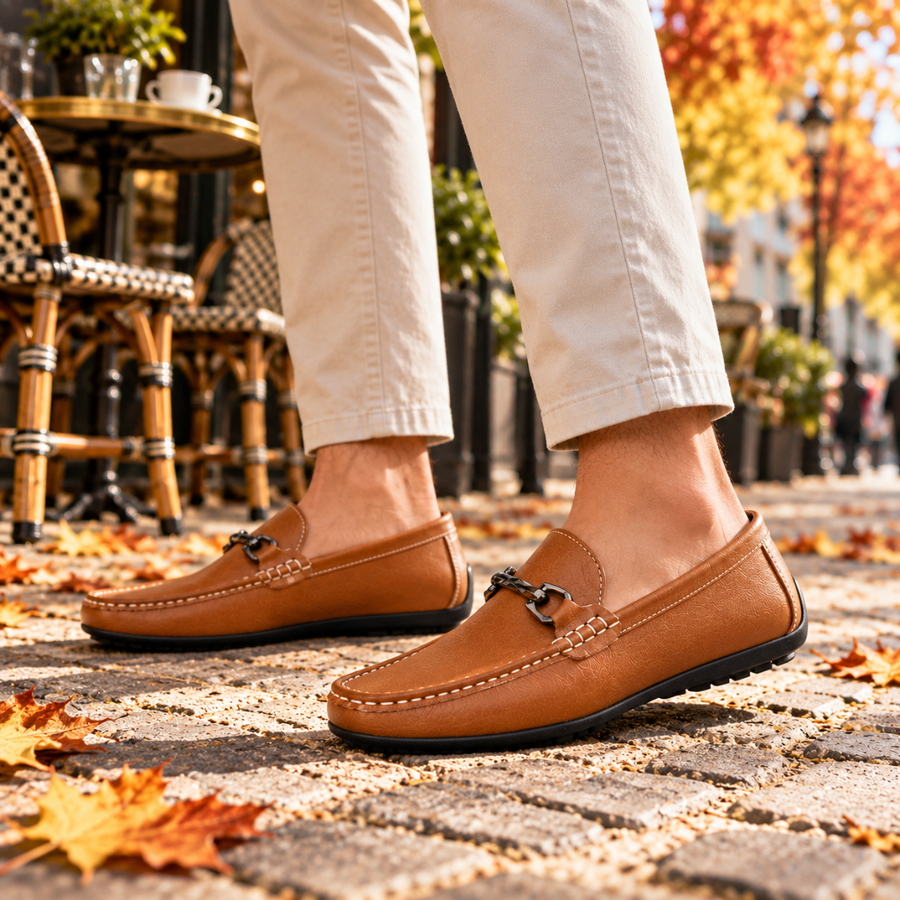 Mocassins caramel effet cuir avec surpiqûres claires et semelle noire à picots