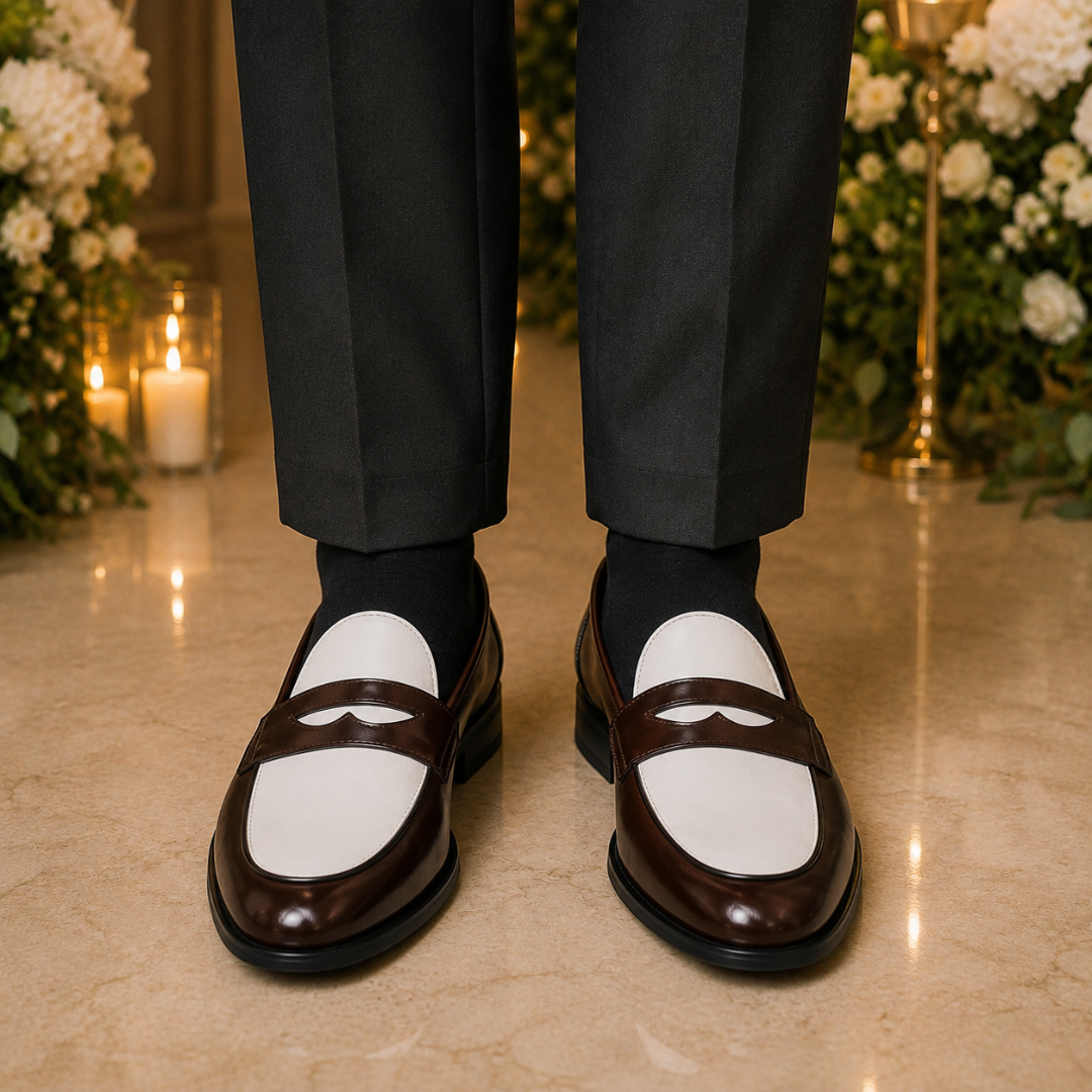 Mocassins homme bicolores marron et blanc vus de face, bride décorative ajourée