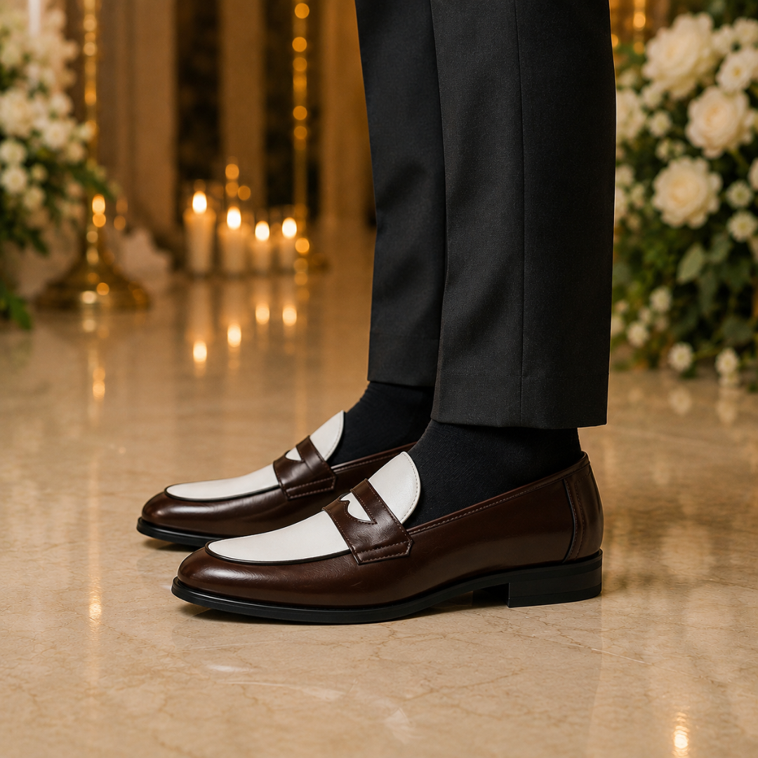 Paire de mocassins marron et blanc de profil, semelle noire à petit talon