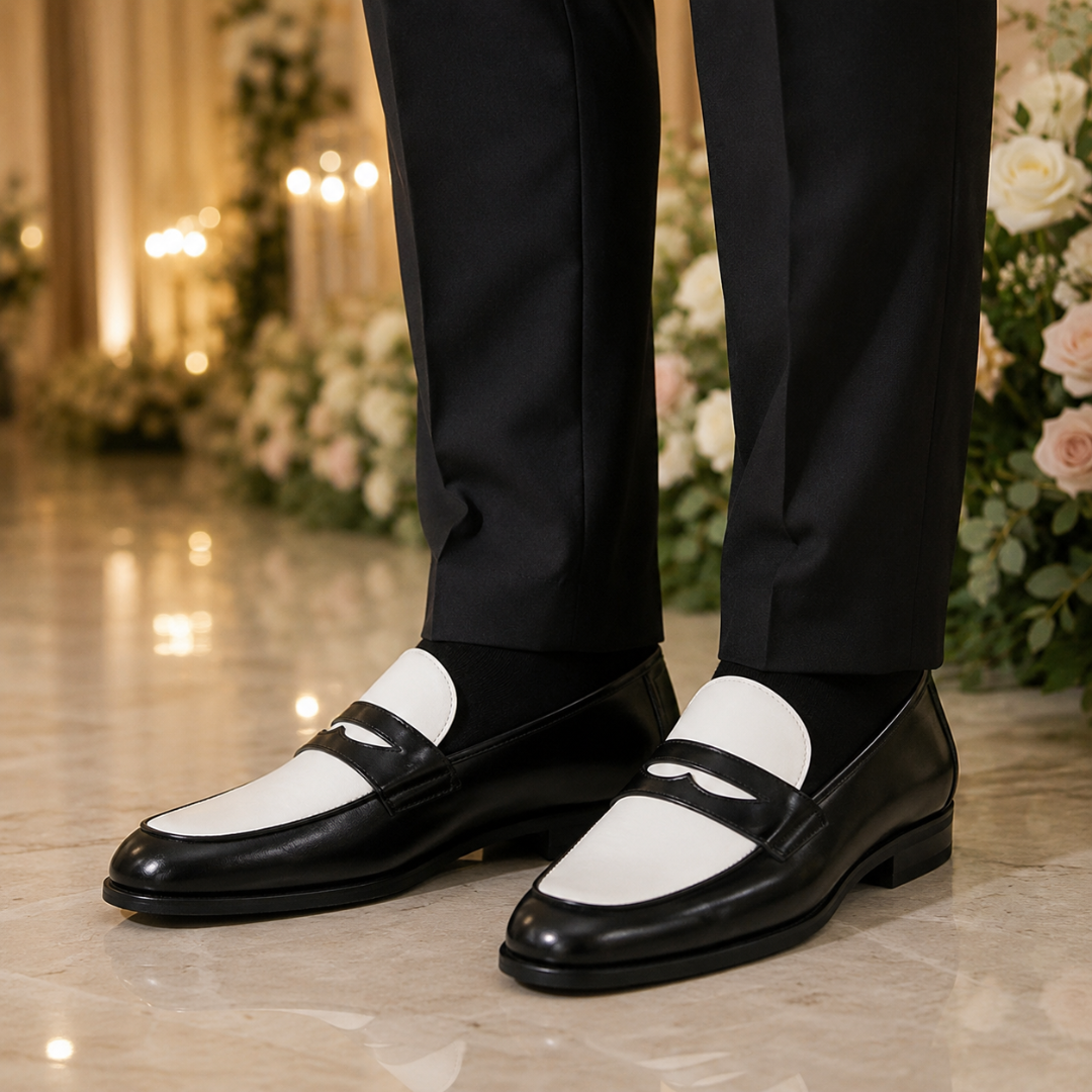 Mocassins noirs bicolores de trois quarts, bout légèrement effilé et semelle fine