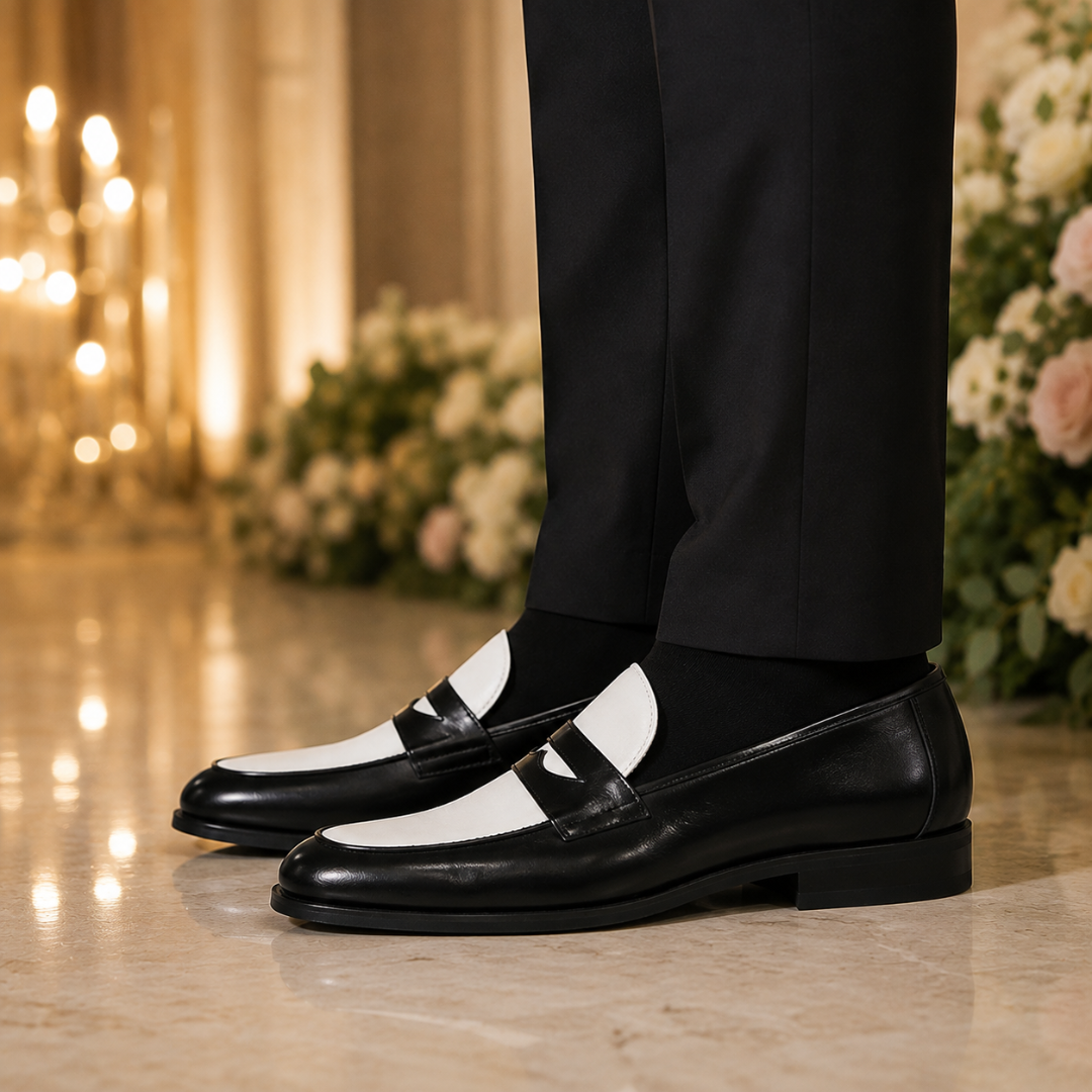 Mocassins noirs et blancs portés avec un pantalon habillé, profil épuré