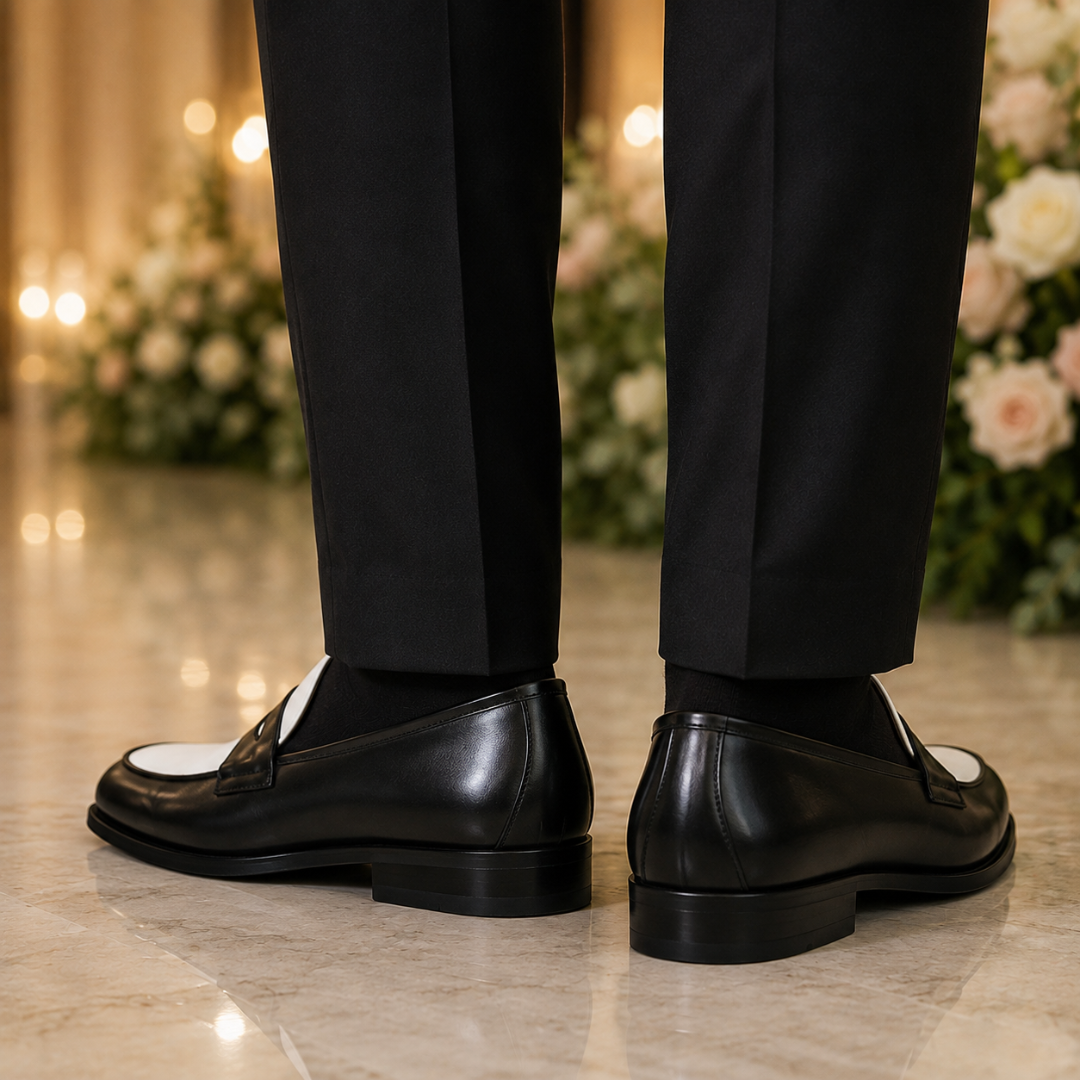 Mocassins noirs vus de dos, contrefort lisse et petit talon carré