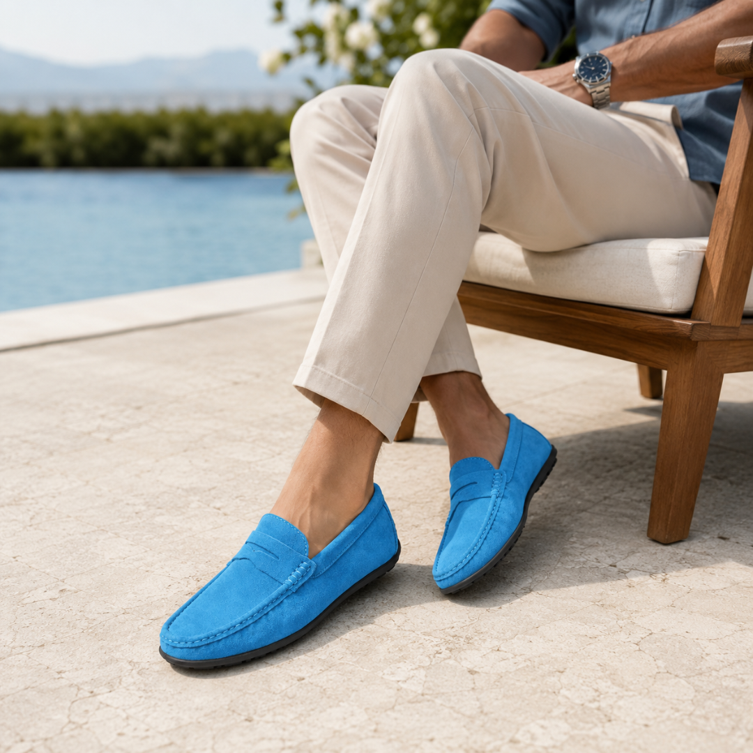 Homme portant des mocassins bleus avec un chino beige, terrasse au bord de l'eau.